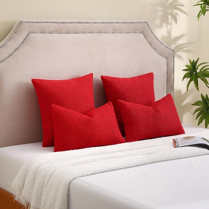 FUTEI Christmas Pack of 2 Red Decorative Throw Pillow Covers 18x18 Inch Soft Cozy Solid Boucle Textured Cushion Case,Modern Home Decor for Couch Bed Living Room
