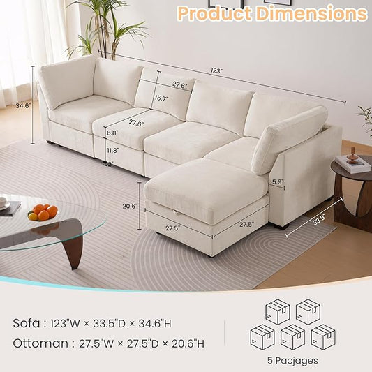TEKAMON 123" Modular Sectional Sofa with Ottoman,Extra Large Comfy Cloud 4-Seat Deep Seat, Reversible Chaise Modular Sectional Couches for Living Room and Apartmenr,Beige