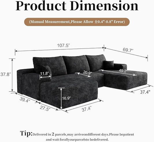 107.5" Cloud Modular Sectional with Ottoman, U-Shaped Sofa for Living Room, Modern Minimalist Couches, Deep Seat Comfy Couch & Reversible Chaise, No Assembly Required (Black, Right Facing Chaise)