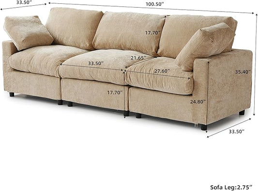 WJShome Modern Sectional Couches for Living Room,100 Inch 3-Seater Chenille Deep Seat Modular Sofa, Cloud Couch for Bedroom and Apartment,Khaki