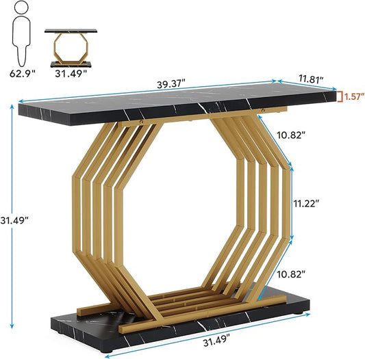 Tribesigns Gold Console Table, Faux Marble Entryway Table Narrow Sofa Table with Geometric Metal Base, 40 Inch Modern Accent Table Entrance Table for Living Room, Hallway, Foyer, Black