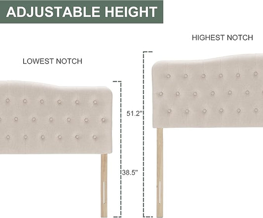 Upholstered Twin Headboard, Button Diamond Tufted Headboards with Adjustable Height and Solid Wood Leg, Linen Fabric Padded Headboard for Twin Size Bed, Mordern Head Board, Beige