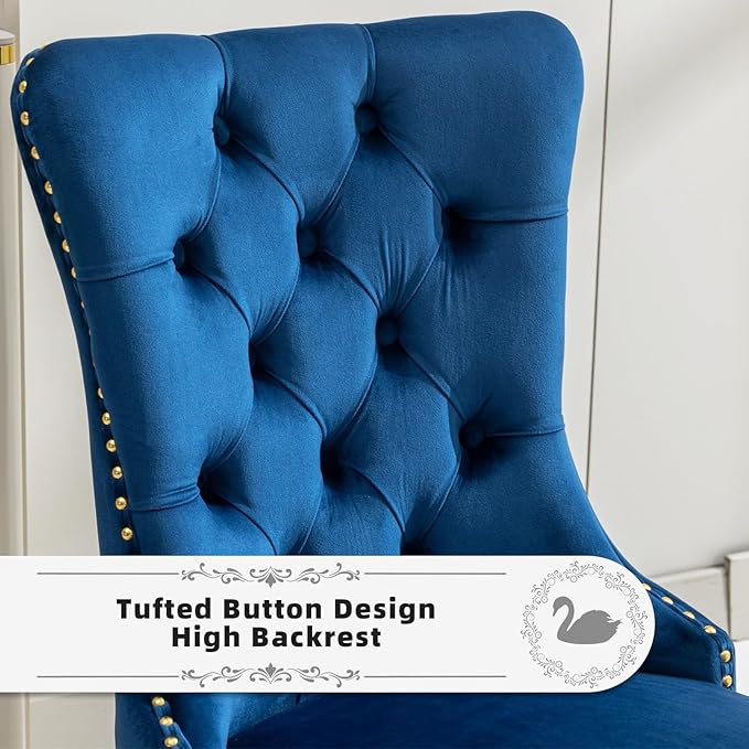 Velvet Upholstered Dining Chairs Set of 2, Modern Style Kitchen Side Chairs with Nailhead Trim and Gold Plated Leg, Metal Pulling Ring for Dining Room Living Room(Blue-Gold Plated Leg)