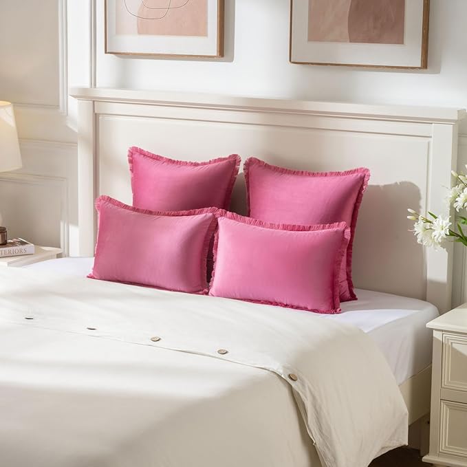 FUTEI Hot Pink Velvet Decorative Throw Pillow Covers 24x24 Set of 2,Soft Cozy Edge with Tassels European Cushion Case,Boho Modern Home Decor for Couch Bed Living Room