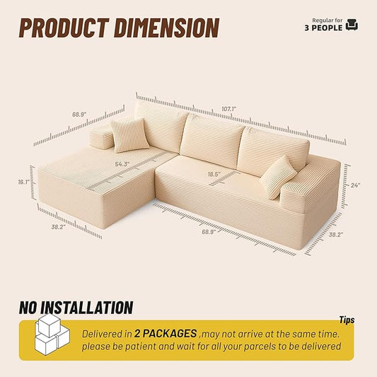 107" Boneless Couch with Deep Seat, Modular Sectional Sofa, Cloud Sectional Couch for Living Room, No Assembly Required, Corduroy, L-Shape Left,Camel
