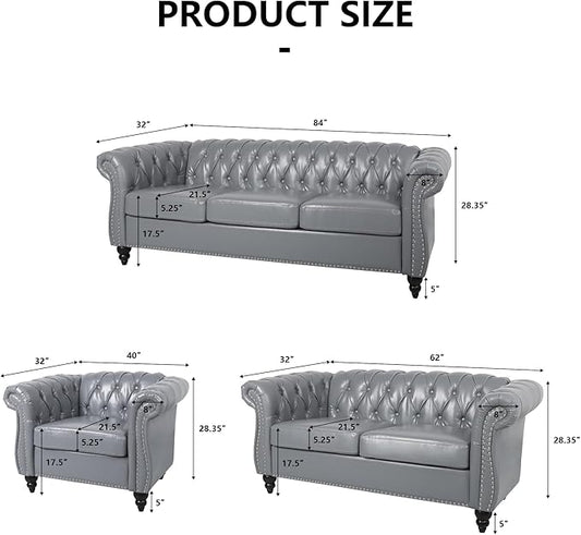 Home Sofa Living Room Furniture, 3 Seater Leather Upholstered Sofa Couch, Modern Comfy Couch with Faux Leather Cushions, Mid Century Tufted Chesterfield Sofas for Bedroom, Office, Apartment (Grey)