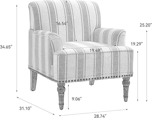 Pia Ricco Stripe Accent Chairs 2 Pack - Modern Nailhead Trim Armchairs with Wood Legs, Comfy Living Room Bedroom Home Office Seating-Gray