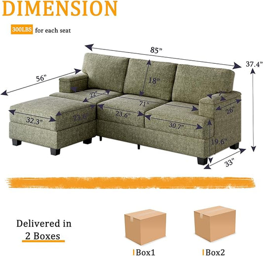 85'' L Shaped Couch with Armrest Organizer,Comfy 3 Seats Sofa with Thick Cushion,Chenille Sectional Couches for Living Room,Bedroom,Apartment,Sofa Set with Oversized Chair,Home Furniture,Green