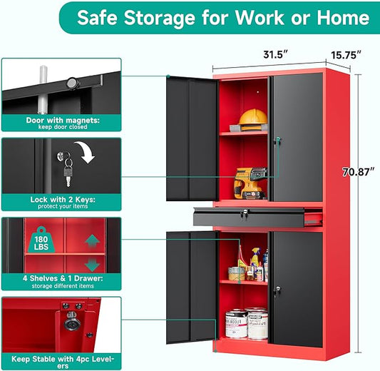 Metal Storage Cabinet with Drawer and Lock,Garage Storage Cabinet with Locking Doors and Shelves,71" Black Red Metal Cabinets,Lockable Steel Tool Cabinets for Garage,Home,Office,Shop