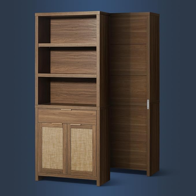 Hampstead Bookcase, Rattan Bookcase with Doors Cabinet and Drawer, 5-Tier Bookshelf, Large Wooden Book Case, Tall Bookshelves for Library Living Room (Special Walnut, 2 Pieces)