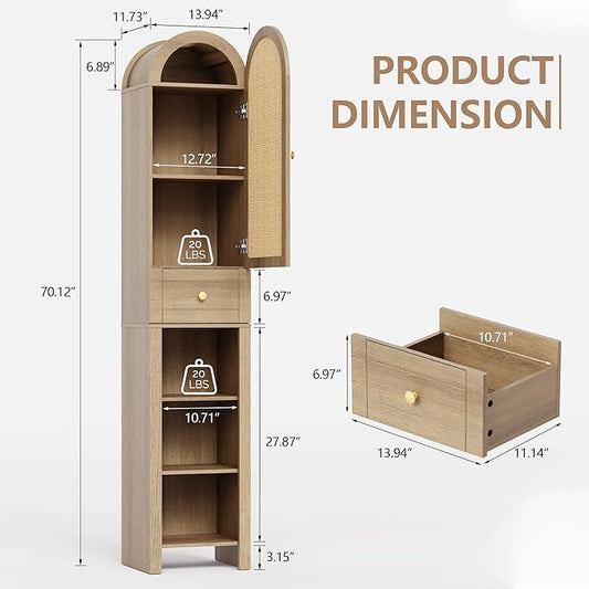 70" Tall Bathroom Storage Cabinet with Rattan Door,Narrow Storage Cabinet with Drawer Adjustable Shelves, Modern Arched Design Bathroom Cabinet for Bathroom, Living Room, Kitchen, Natural