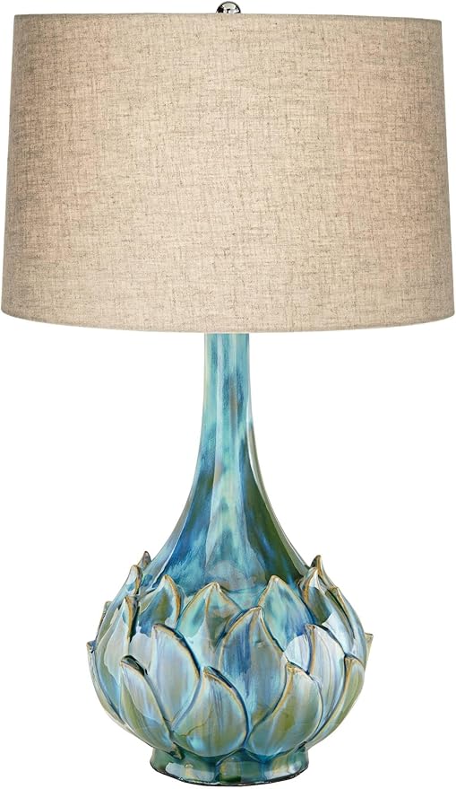 Possini Euro Design Kenya Modern Table Lamp 29 1/2" Tall Blue Green Reactive Glaze Ceramic Beige Linen Tapered Drum Shade for Bedroom Living Room House Home Bedside Nightstand Office Entryway Kids