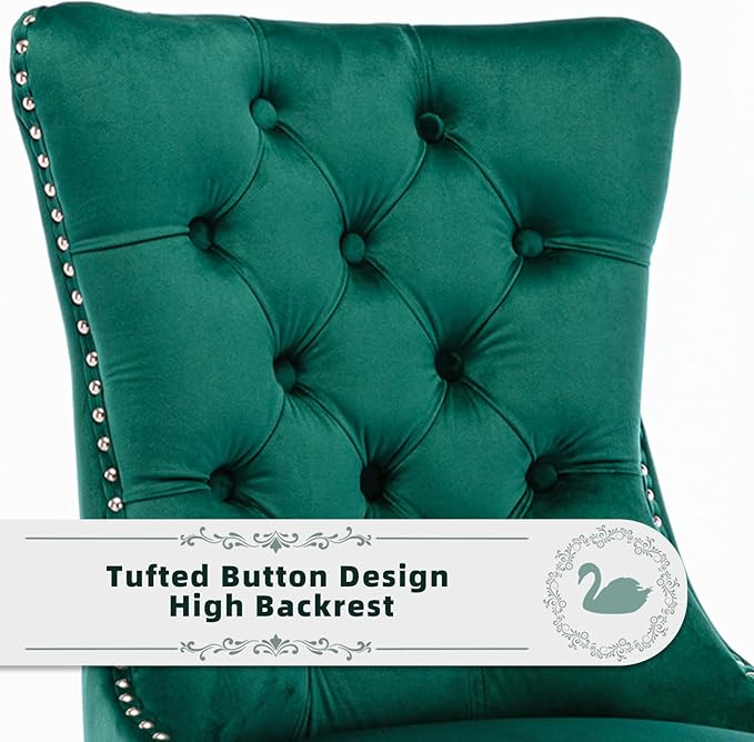 Velvet Upholstered Dining Chairs Set of 8, Modern Style Kitchen Side Chairs with Nailhead Trim and Wood Legs,Metal Pulling Ring for Dining Room Living Room(Green)