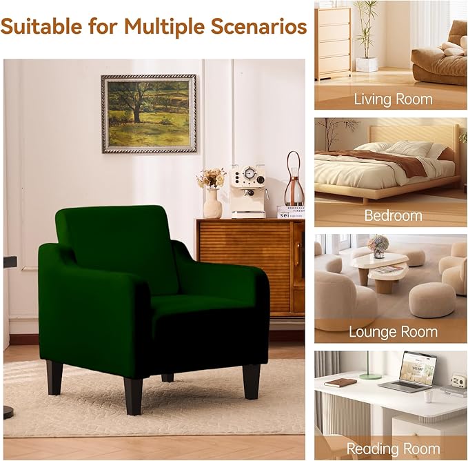 Accent Chair for Living Room, Modern Velvet Living Room Chairs with Wide Backrest, Upholstered Comfy Chair with Cushion, Oversized Sofa Chair with Wood Legs, Single Armchair, Green