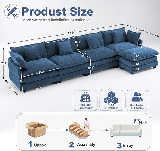 146" Cloud Chenille Sectional Couch 4+2 with Ottomans|Large Modular Sofa for Spacious Living Rooms|FSC Solid Wood Frame|29.1" Deep Seat|Easy Assembly & 1YR Guarantee