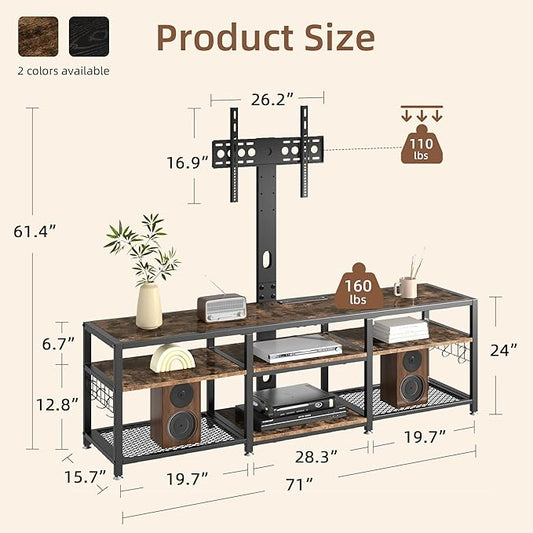 VECELO 71" TV Stand with Mount and Power Outlets, Entertainment Center with Open Storage Shelves, Height Adjustable Mount up to 80”, Wooden Table and Metal Frame for Living Room, Rustic Brown