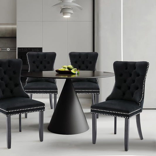 Velvet Upholstered Dining Chairs Set of 4, Modern Style Kitchen Side Chairs with Nailhead Trim and Wood Legs,Metal Pulling Ring for Dining Room Living Room(Black,Set of 4)