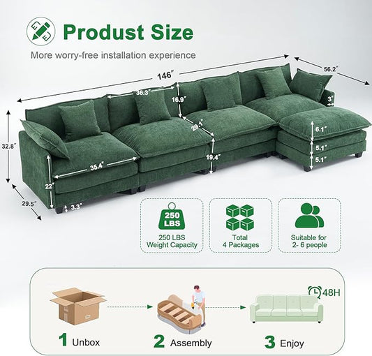 146" U Shaped Sectional Cloud Couch with 2 Ottomans|Large Chenille Modular Sofa for Living Room|FSC Solid Wood Frame|29.1" Deep Seat|Easy Assembly & 1YR Guarantee Green