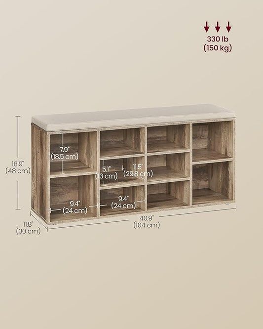 VASAGLE CUSTOS Collection - Shoe Bench, Storage Bench with Padded Seat, Entryway Bench with 10 Compartments, for Bedroom, 11.8 x 40.9 x 18.9 Inches, Camel Brown and Cappuccino Beige ULHS010K02