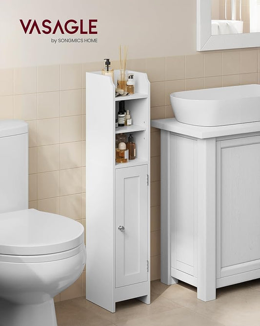 VASAGLE Small Storage Corner Floor Cabinet with Door, 7.9 x 7.1 x 36.2 Inches, Narrow Toilet Paper Storage Holder, Adjustable Shelves, for Bathroom, Living Room, Small Spaces, Cloud White UBBC311W01