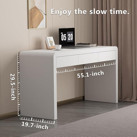Executive Desk with Drawers, White Computer Desk with Drawers with Three-Layer Lacquered Thick Wooden Board, 55 inch Modern Home Office Desk for Study, Living Room, Bedroom