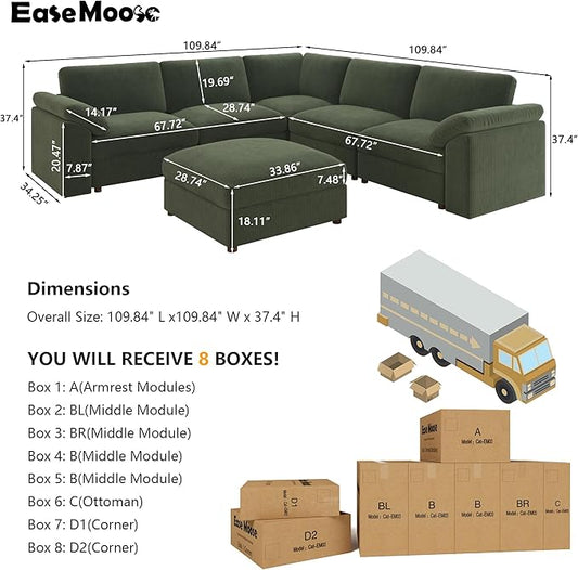 EASE MOOSE Oversized L Shape Sectional Modular Sectional Sofa,Green Extra Large Comfty Cloud Couch,Deep Seat Wide Modular Sofa for Living Room ,Removable Cover