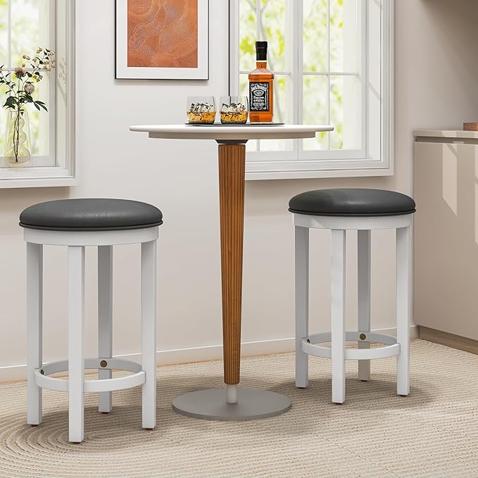 COSTWAY Upholstered Bar Stools Set of 2, 25” Counter Height Bar Chairs with Padded Cushion & Wooden Frame, Faux Leather Backless Stools for Kitchen, Dining Room, Pub, White + Grey