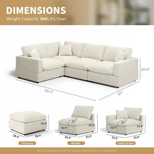 Modern Sectional Linen Couch for Living Room V-Shape Sofas,4 Seat Modular Cloud Sofas,Couches Cushion Covers Removable,Cozy Feather Down Sofa for Apartment Beige