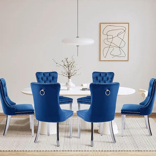 Velvet Upholstered Dining Chairs Set of 8, Modern Style Kitchen Side Chairs with Nailhead Trim and Silver Plated Leg, Metal Pulling Ring for Dining Room Living Room(Blue)