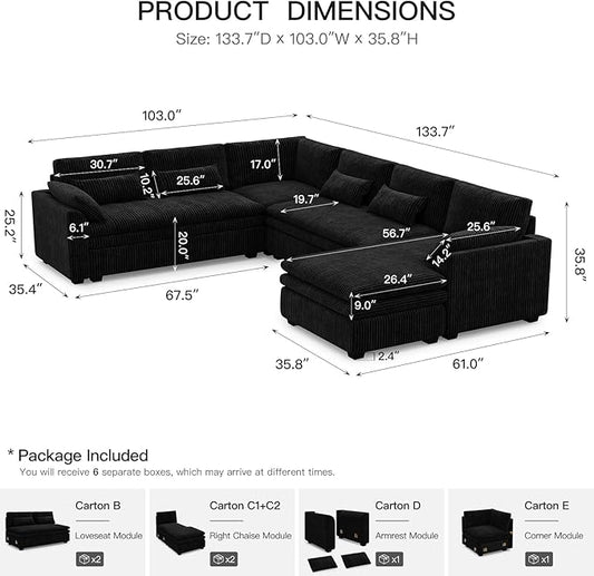 Belffin Large Modular Sectional Sofa with Deep Chaise, Corduroy U Shaped Couch with 9" Soft Dual-Layer 7 Seats Cushion for Living Room, Apartment, Black