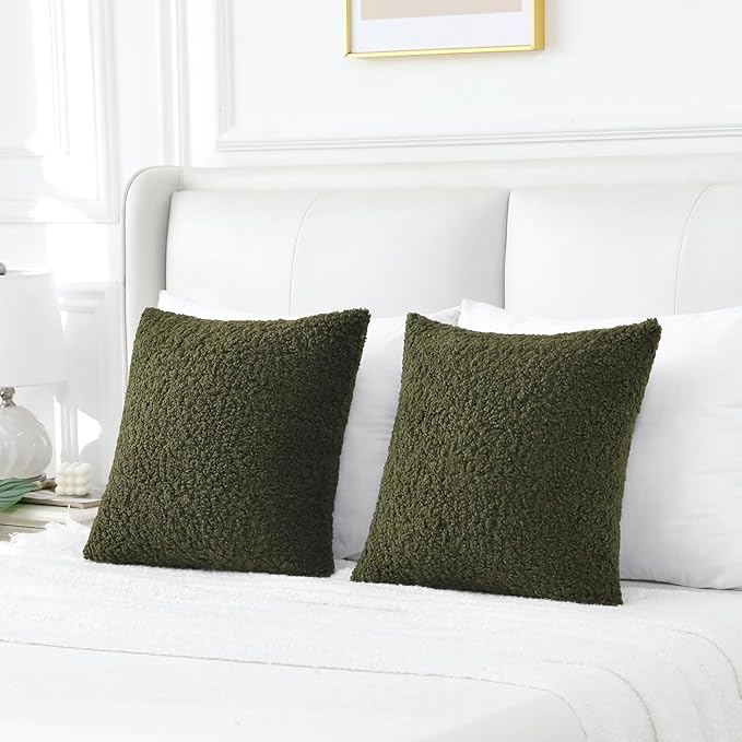 FUTEI Olive Green Throw Pillow Covers 24x24 Inch Set of 2,Furry Faux Fur Teddy Boucle Textured Cushion Covers,Soft Fluffy European Pillow Shams,Home Decor for Couch Bed Living Room Office Car
