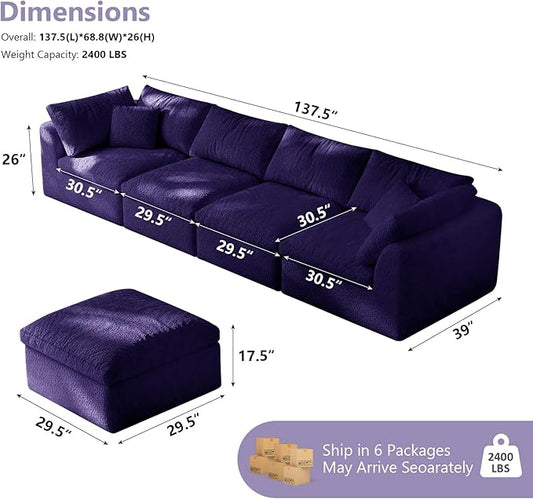 138" Boneless Cloud Couch Modular Sectional Sofa with Deep Seat for Living Room, L Shape Couch with Ottoman, Snowflake Cloth and 40D Memory Sponge,2 Throw Pillows (Purple, 4 Seater+4 Ottoman)