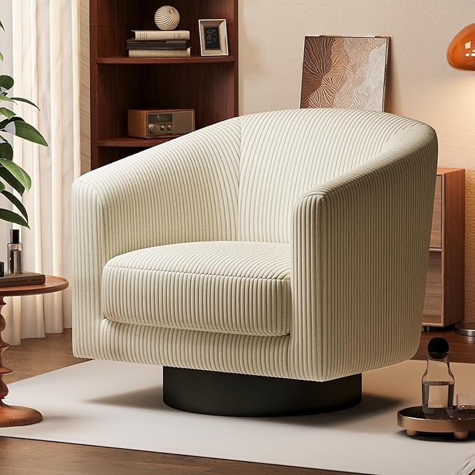 360Β° Swivel Accent Chairs, Modern Bucket Chair, Corduroy Barrel Armchair, Comfy Boucle Chair, Single Sofa for Living Room Bedroom. Cream White