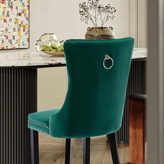 Velvet Upholstered Dining Chairs Set of 8, Modern Style Kitchen Side Chairs with Nailhead Trim and Wood Legs,Metal Pulling Ring for Dining Room Living Room(Green)