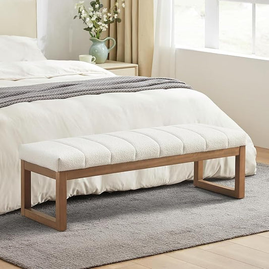 52.7" Bedroom Bench for End of Bed, Modern Upholstered Teddy Fabric Entryway Bench & Dining Bench, Footrest Stool Bench with Solid Wood Frame for Bedroom, Living Room (Beige)