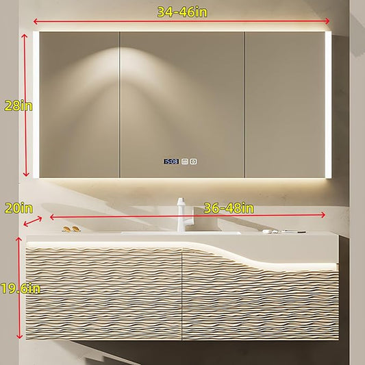 44in Elegant Modern Luxury Bathroom Vanity with Sink - Wall Mounted Solid Wood Cabinet & Smart LED Defogging Mirror | Single Sink Bathroom Cabinets