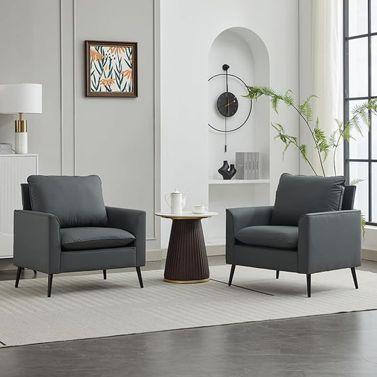 YISHENG Mid-Century Modern Living Room Accent Chairs Set of 2 - Oversized Faux Leather Armchairs with Removable Cushions & Metal Legs, Comfortable Sofas for Office/Lounge/Bedroom/Reception,Gray