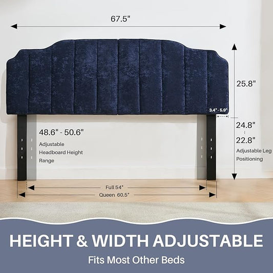 Queen Size Headboard Dark Blue Upholstered Headboard Adjustable Height&Width Chenille Headboards Modern Vertical Channel Design Bed Head Board, Dark Blue