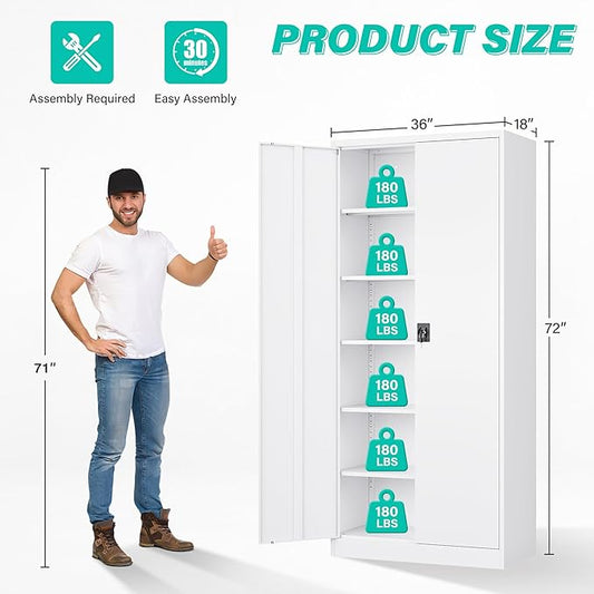 SISESOL Wide & Deep Metal Storage Storage Cabinet with 5 Adjustable Shelves,White Metal Cabinet with Lock,Steel Pantry Cabinets,72" Lockable Cabinets for Home,Office,Garage,Kitchen,Shop