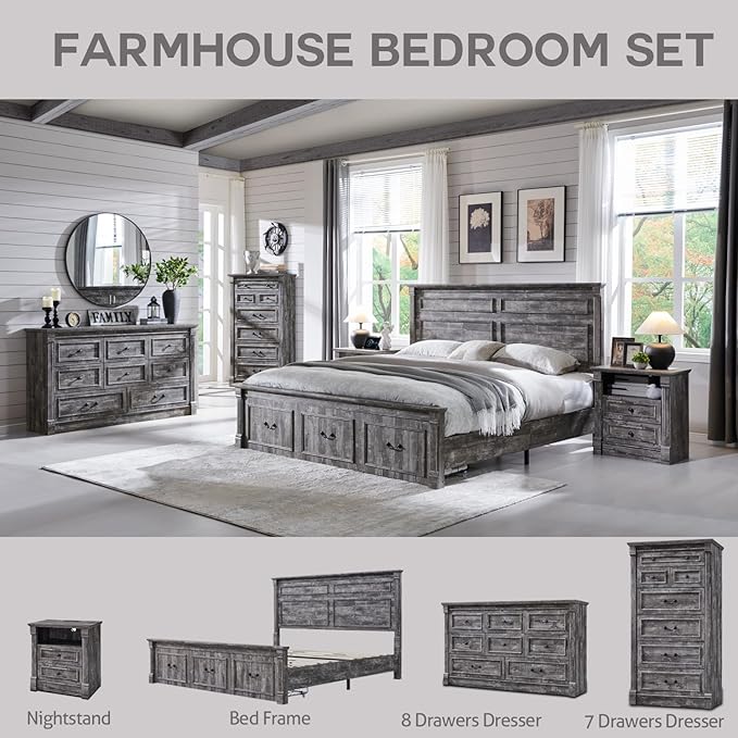 26" Tall 2 Drawers Dresser for Bedroom, Farmhouse 23.6" Wide Large Nightstand with Charging Station, Wood Rustic Side Table w/Roman Column, End Table for Bedroom, Living Room, Light Grey