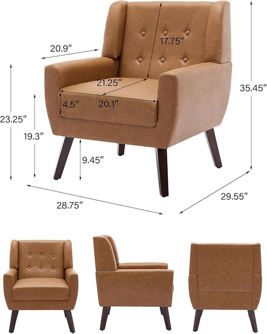 Accent Chair, Mid-Century Modern PU Leather Chairs with Arms for Living Room, Comfy Upholstered Club Single Sofa Armchair for Bedroom Waiting Room with Solid Wood Frame(Leather Brown, Set of 1)