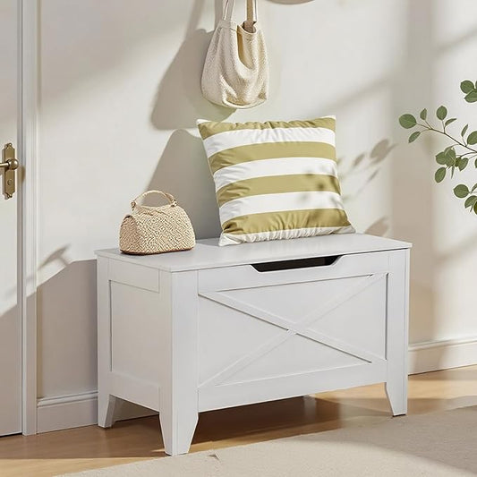 VECELO 30" Storage Bench, Entryway Shoe Ottoman, Farmhouse Style Bench with Handwoven Cushion and Metal Safety Hinges, for Bedroom, Living Room, Entryway, White