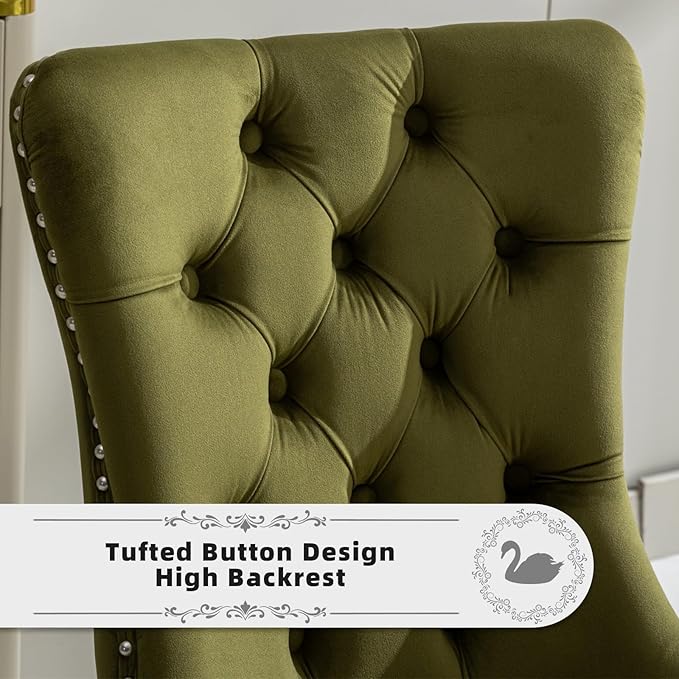 Velvet Upholstered Dining Chairs Set of 2, Modern Kitchen Side Chairs with Nailhead Trim and Silver Plated Leg, Metal Pulling Ring for Dining Room Living Room(Olive Green-Silver Plated Leg)
