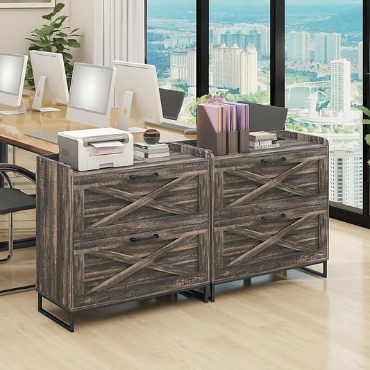 File Cabinet 2 Drawers Lateral File Cabinet with Charging Station for Letter/Legal/A4 Size Hanging Files, Large Wood File Storage Cabinets Printer Stand for Home Office, Dark Rustic Oak