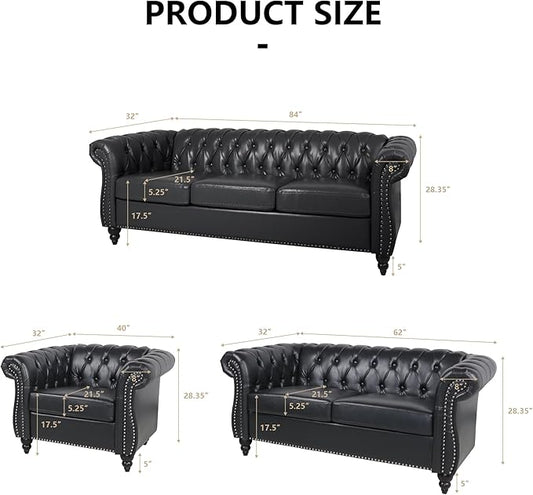 Loveseat Sofa Couch, Modern PU Leather Upholstered Sofa, Oversized Comfy 2 Seater Love Seat Couch with Cushions, Mid Century Tufted Chesterfield Sofa for Living Room, Bedroom, Apartment (Black)