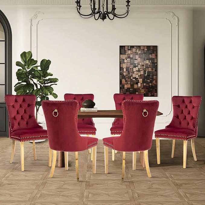 Velvet Upholstered Dining Chairs Set of 8, Modern Style Kitchen Side Chairs with Nailhead Trim and Gold Plated Leg, Metal Pulling Ring for Dining Room Living Room(Wine Red-Gold Plated Leg)