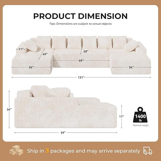 131'' Cloud Sectional Couches with Chaise Lounge, U-Shaped No Assembly Required Deep Seat Modular Sofa for Living Room 1PCS, Bedroom