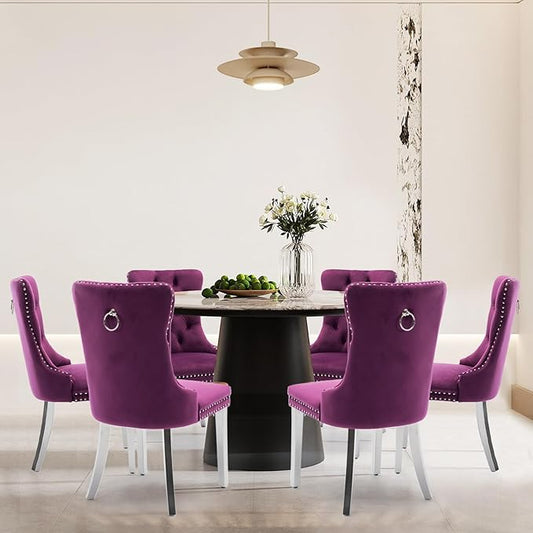 Velvet Upholstered Dining Chairs Set of 8, Modern Kitchen Side Chairs with Nailhead Trim and Silver Plated Leg, Metal Pulling Ring for Dining Room Living Room(Purple-Silver Plated Leg)