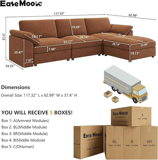 EASE MOOSE Brown Sectional Modular Sofa,Oversized L Shape Sectional Couch Wide Deep Modular Sofa Brown Couch