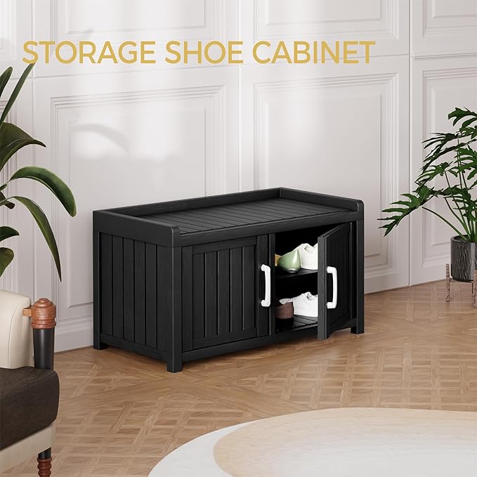 Storage Bench - 2 Doors Waterproof Resin Shoe Bench with Adjustable Shelves - Indoor & Outdoor Use, Entryway Bench with Seating for Bedroom, Living Room, Hallway - Black